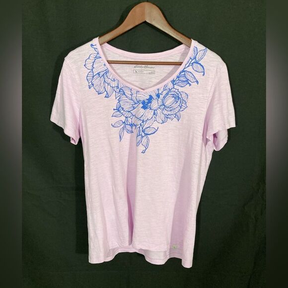 Eddie Bauer T-Shirt Women’s L Purple Lavender Floral V-Neck Casual Outdoor Tee - Picture 2 of 8